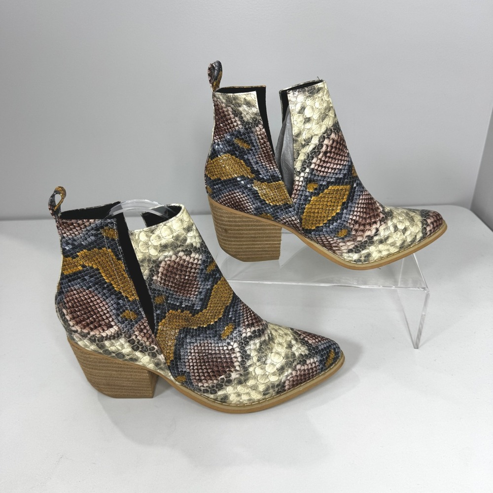 Arider Girl Womens Snakeskin Print Cutout Pointed Toe Block Heel Booties Sz 7.5